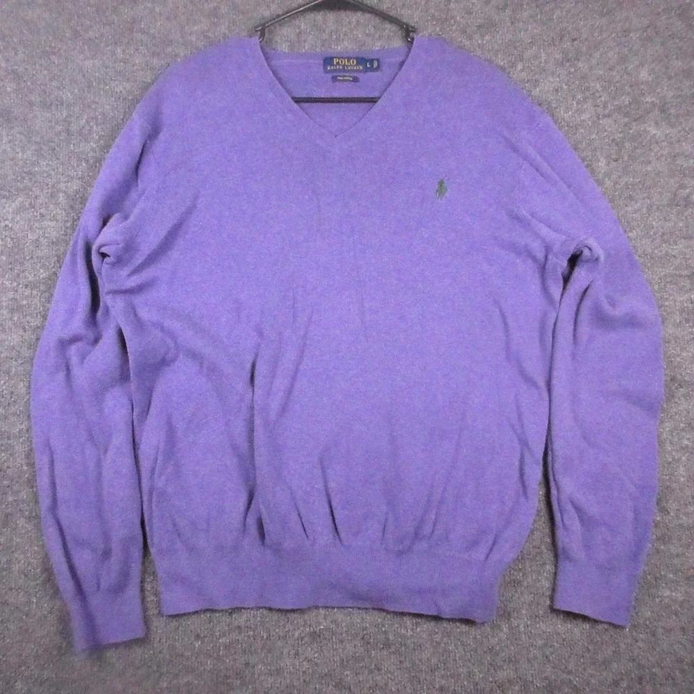 Polo Ralph Lauren Sweater Mens Large Purple Pima Cotton V Neck Pullover Logo